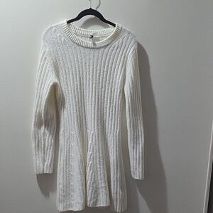 White Ribbed Knit Dress With Flared Skirt.